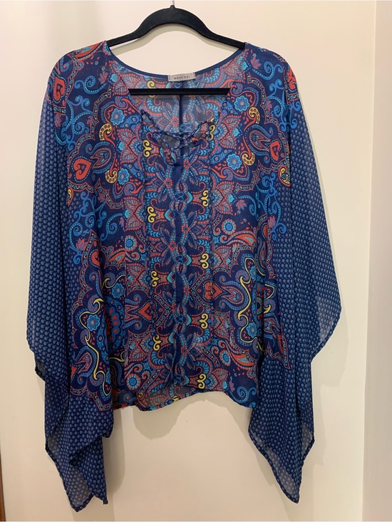 West Kei Tops - West Kei Boho Tie Front Blouse Navy Red Yellow Graphic Floral Flowy Size Large